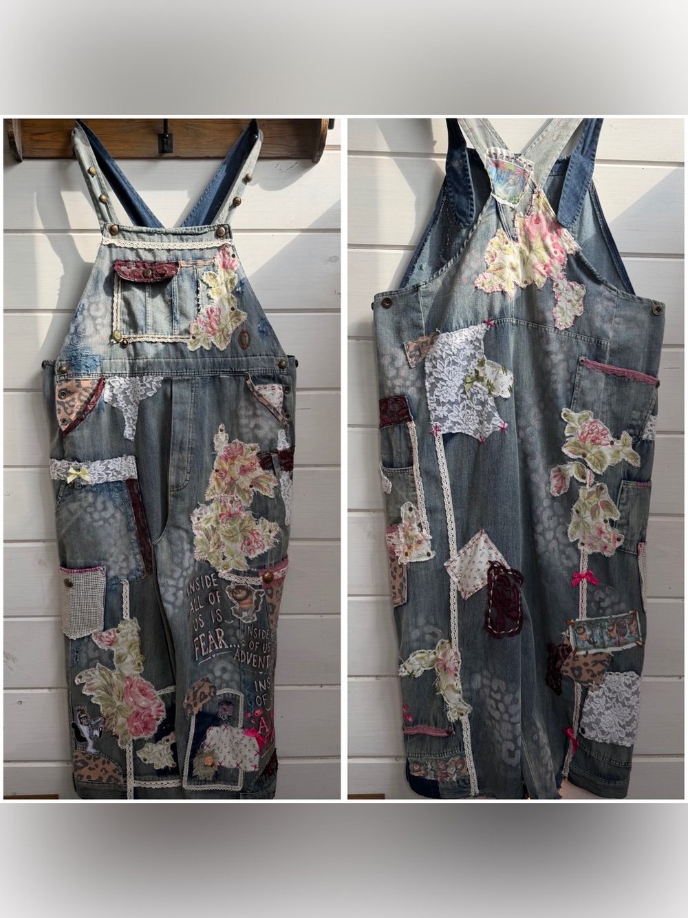 Embroidered Patchwork Denim Overalls Jumpsuit - Light Blue Floral